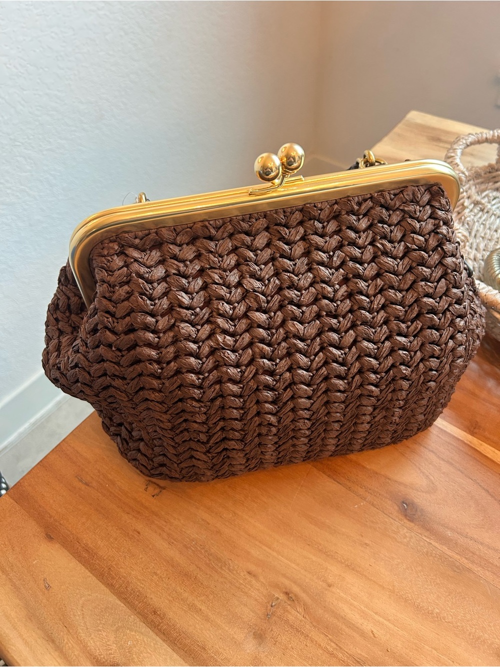 NWT Coach Kisslock Frame Bag 27 Brass Maple Raffia - Picture 2 of 9